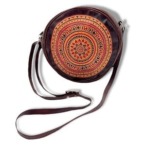 Brown Leather Round Tribal Patterned Bag Circle Purse Hippie Aztec Amar Kutir